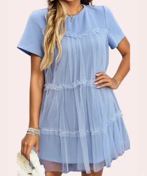 Blue tiered mesh overlay dress