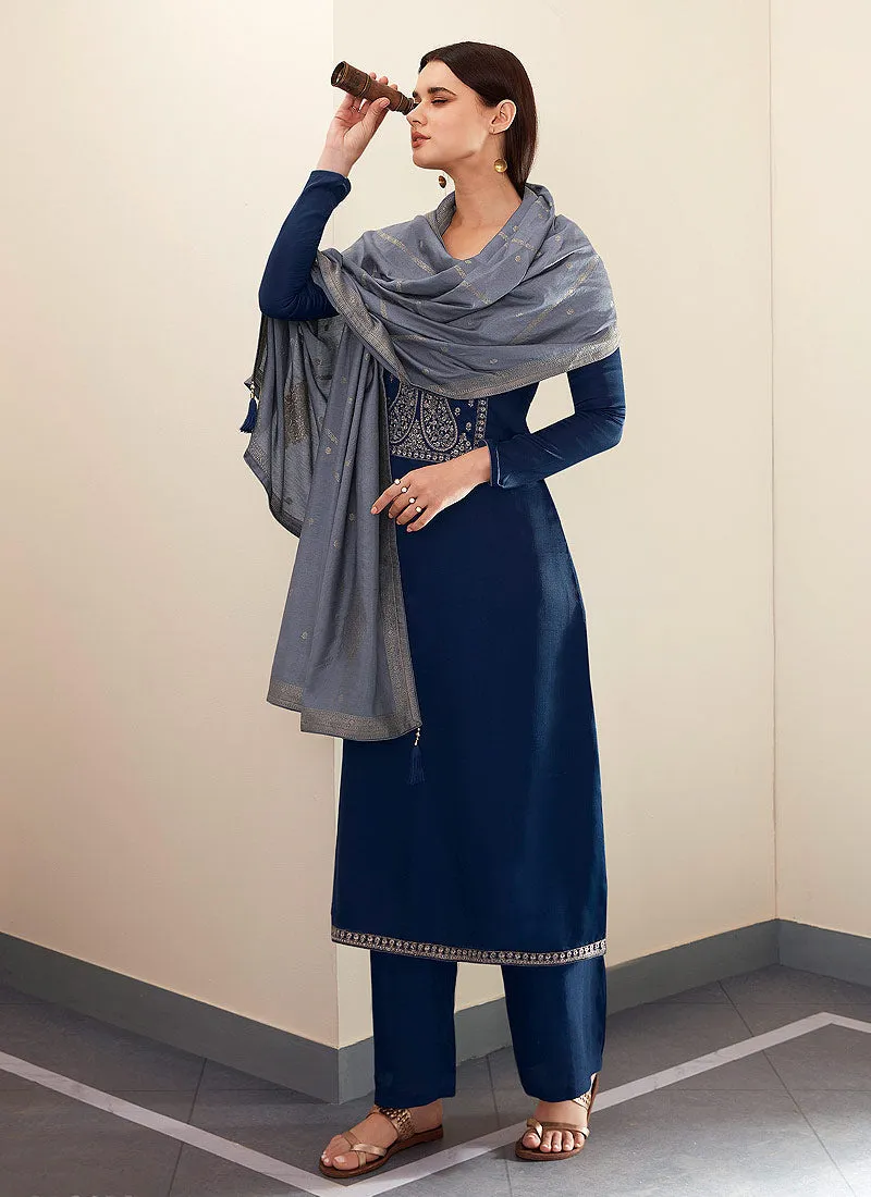 Blue Two Tone Embroidered Pant Style Suit