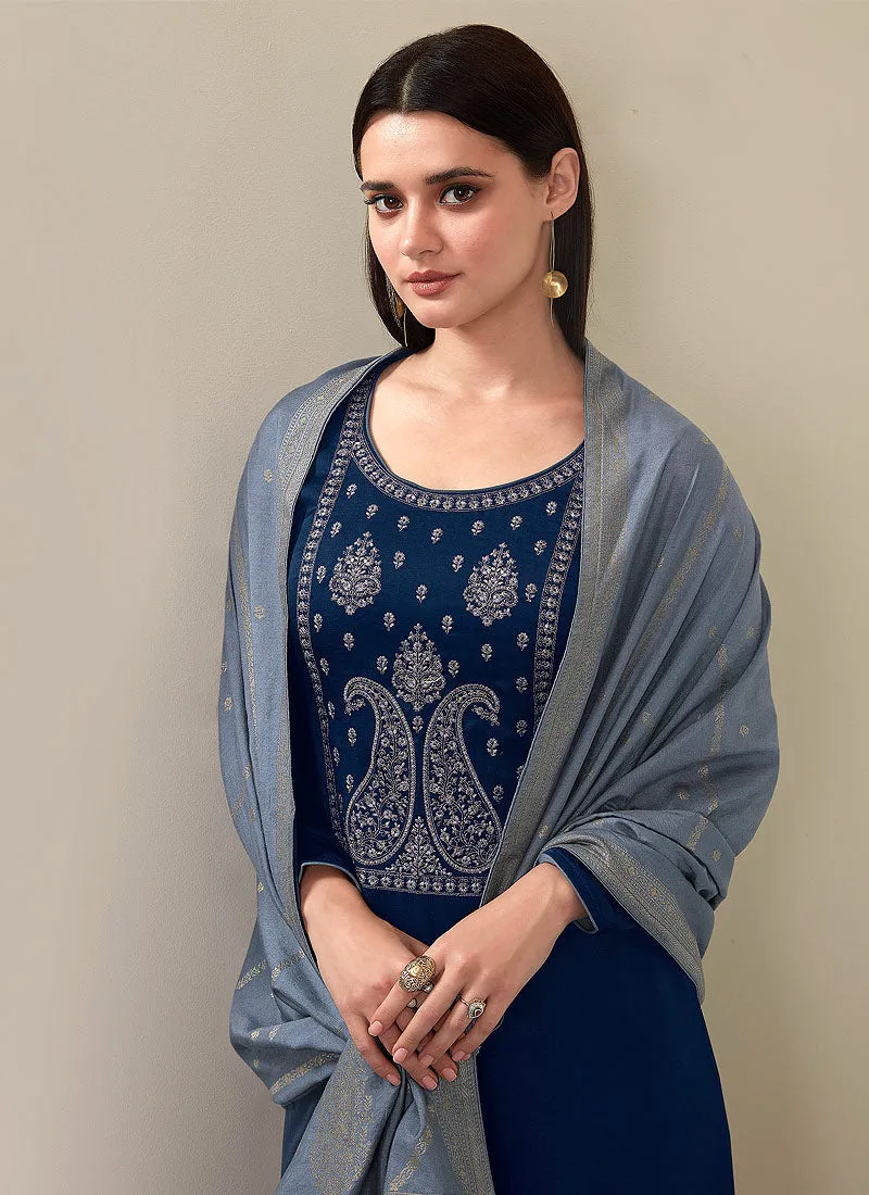 Blue Two Tone Embroidered Pant Style Suit