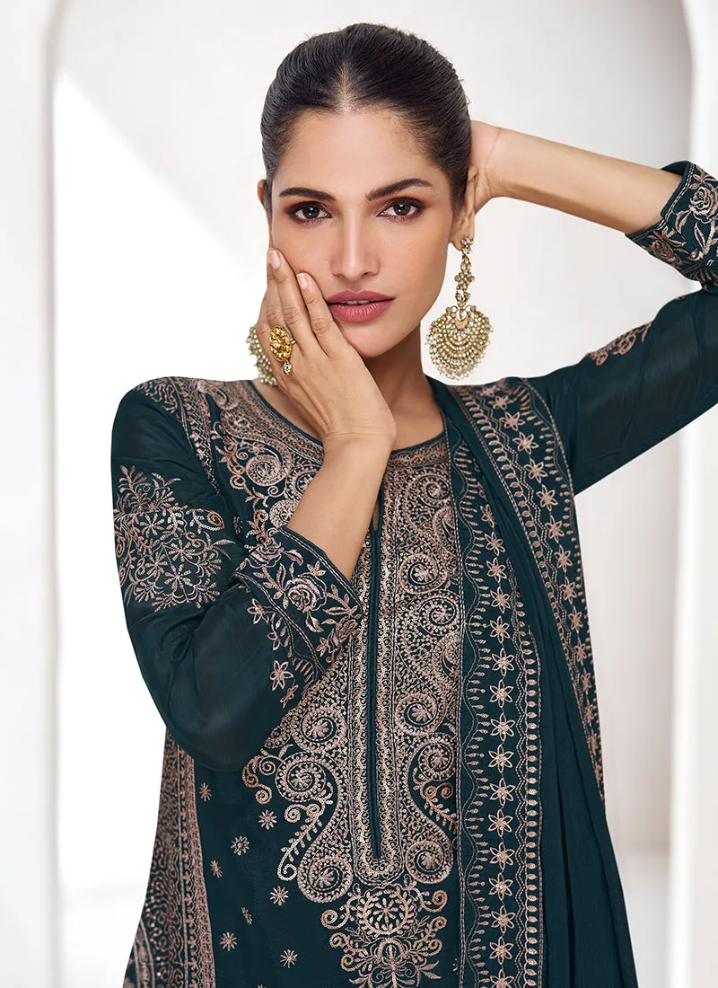 Bottle Green Sequence Embroidery Pakistani Pant Style Suit