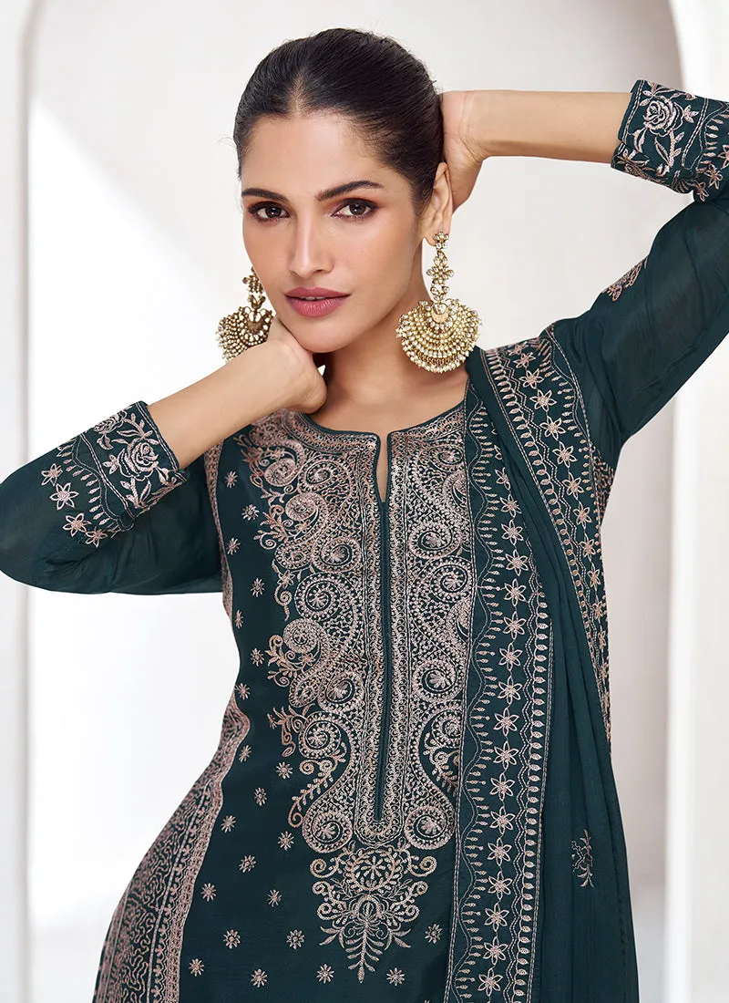 Bottle Green Sequence Embroidery Pakistani Pant Style Suit