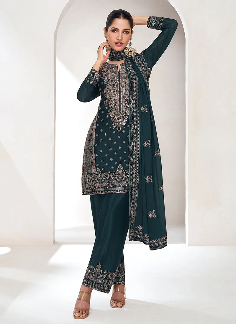 Bottle Green Sequence Embroidery Pakistani Pant Style Suit