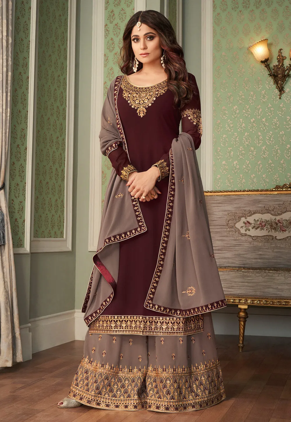 Brown Two Tone Embroidered Ethnic Palazzo Suit