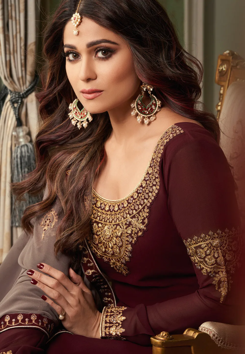 Brown Two Tone Embroidered Ethnic Palazzo Suit