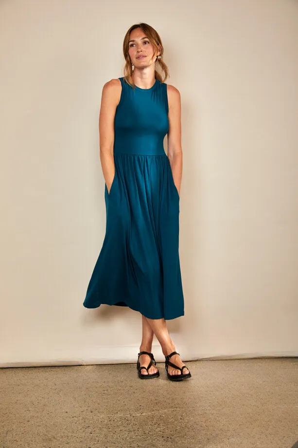 Bshirt Women's Racer Back Gathered Dress in Teal