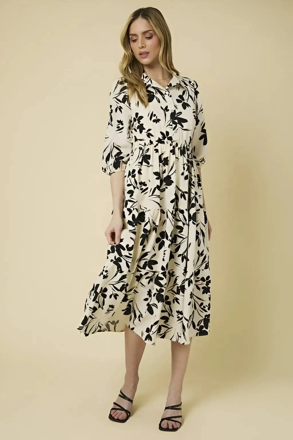 BUTTON DOWN TIERED FLORAL PRINT DRESS