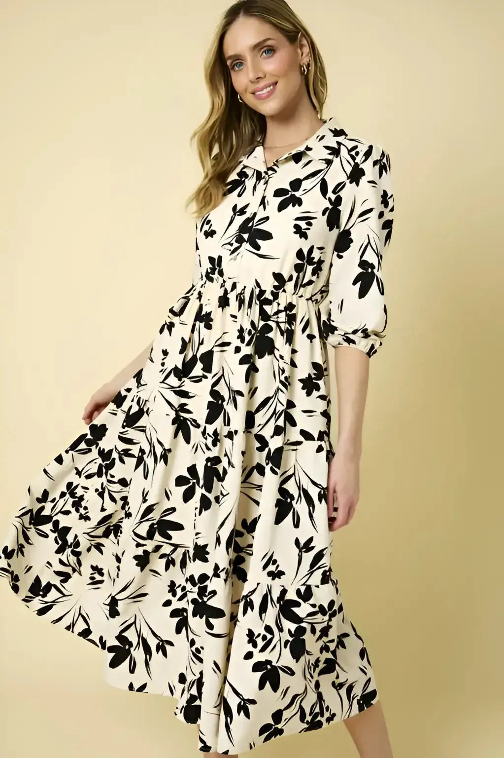 BUTTON DOWN TIERED FLORAL PRINT DRESS