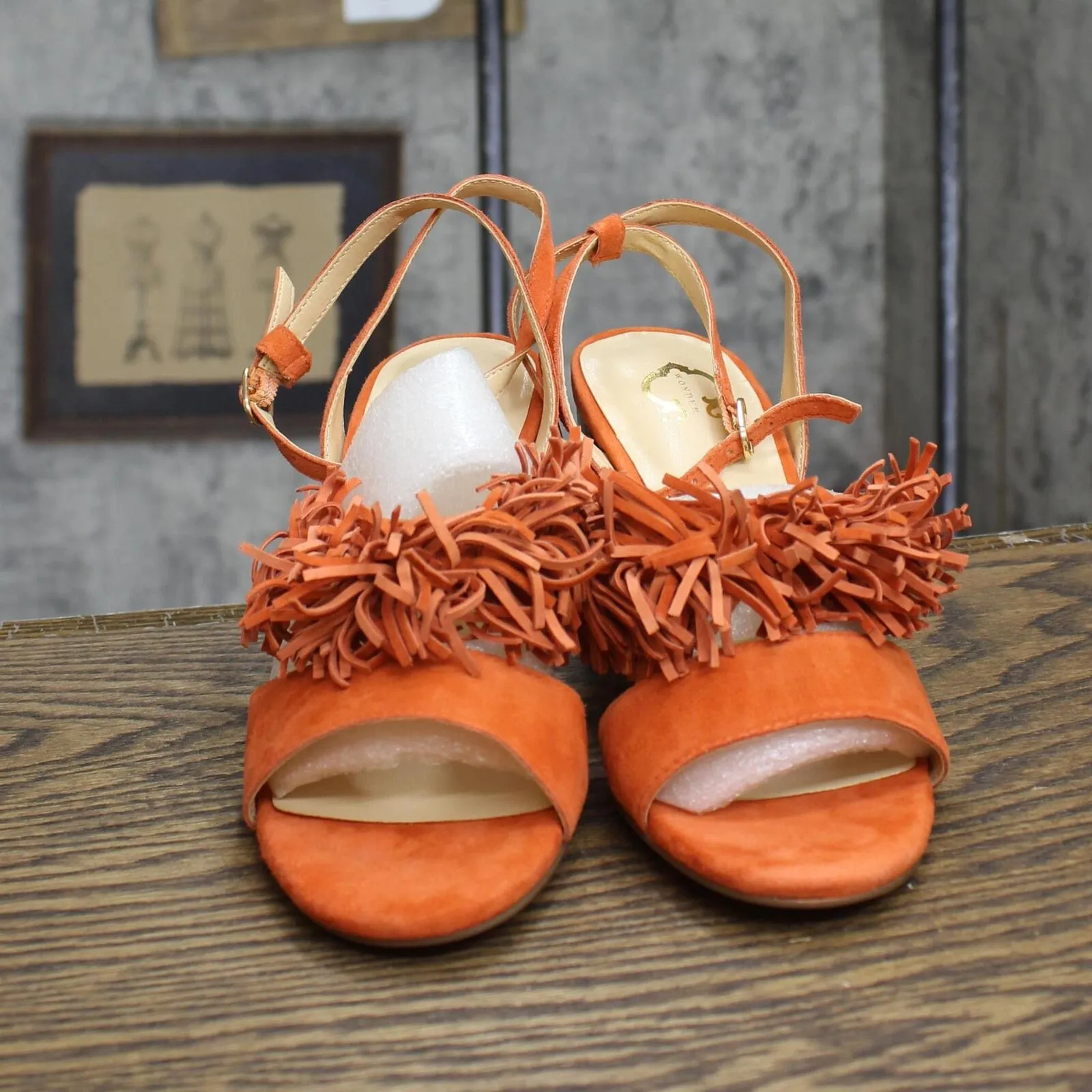 C Wonder Womens Block Heels Fringe Suede Heels Tomato Red Orange 6.5M