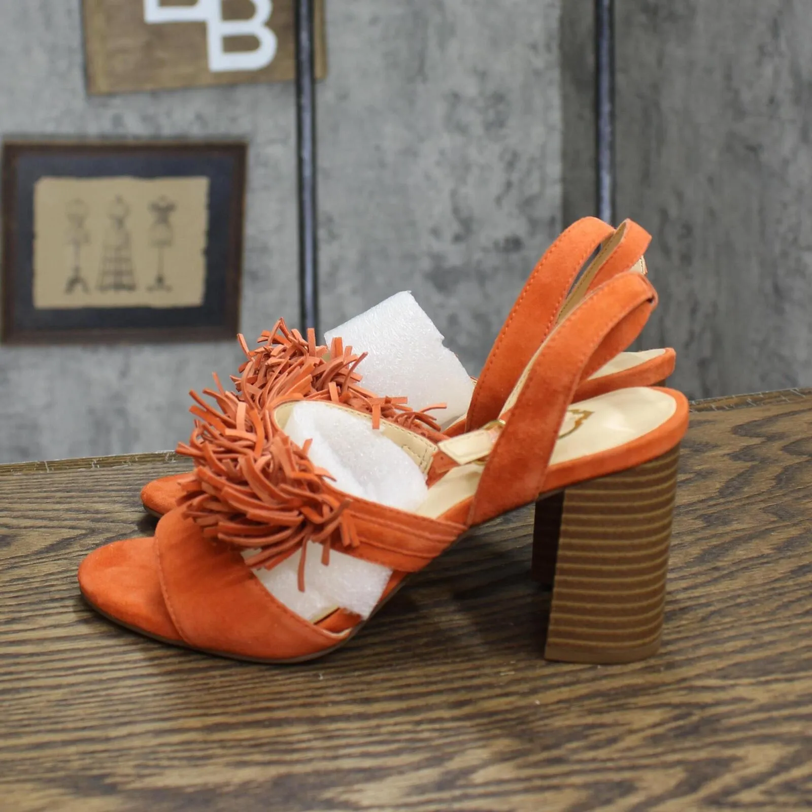 C Wonder Womens Block Heels Fringe Suede Heels Tomato Red Orange 6.5M