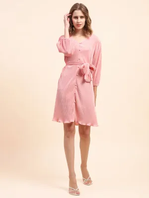 Camla Barcelona Tie-Waistband Dusty Pink Dress With Lettuce Hem