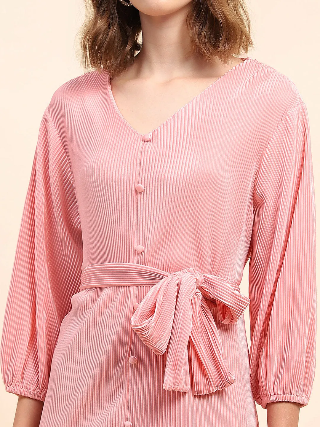 Camla Barcelona Tie-Waistband Dusty Pink Dress With Lettuce Hem