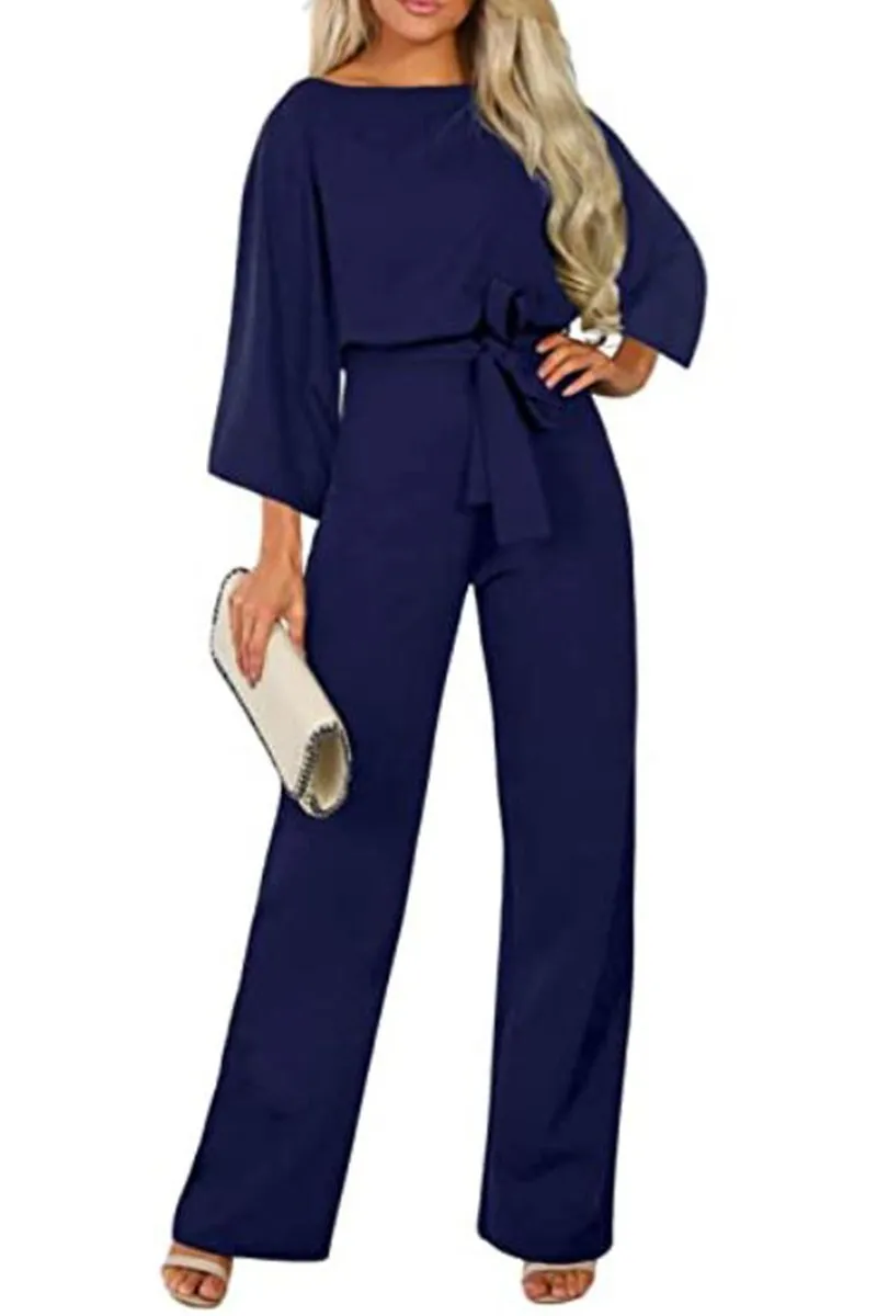 Casual Long Sleeve Belted Jumpsuit