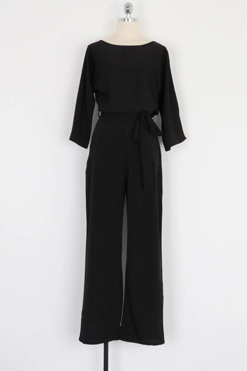 Casual Long Sleeve Belted Jumpsuit