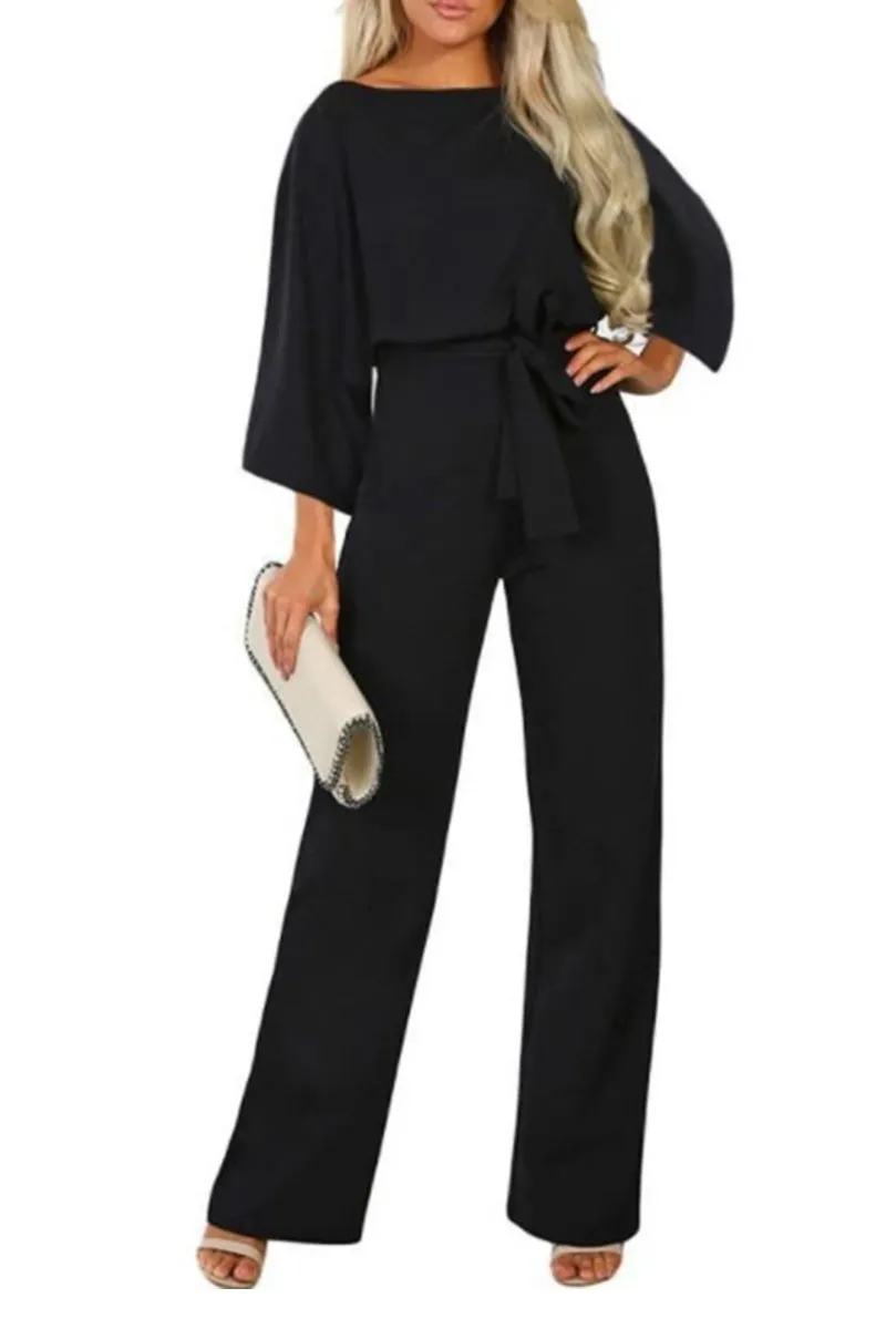 Casual Long Sleeve Belted Jumpsuit