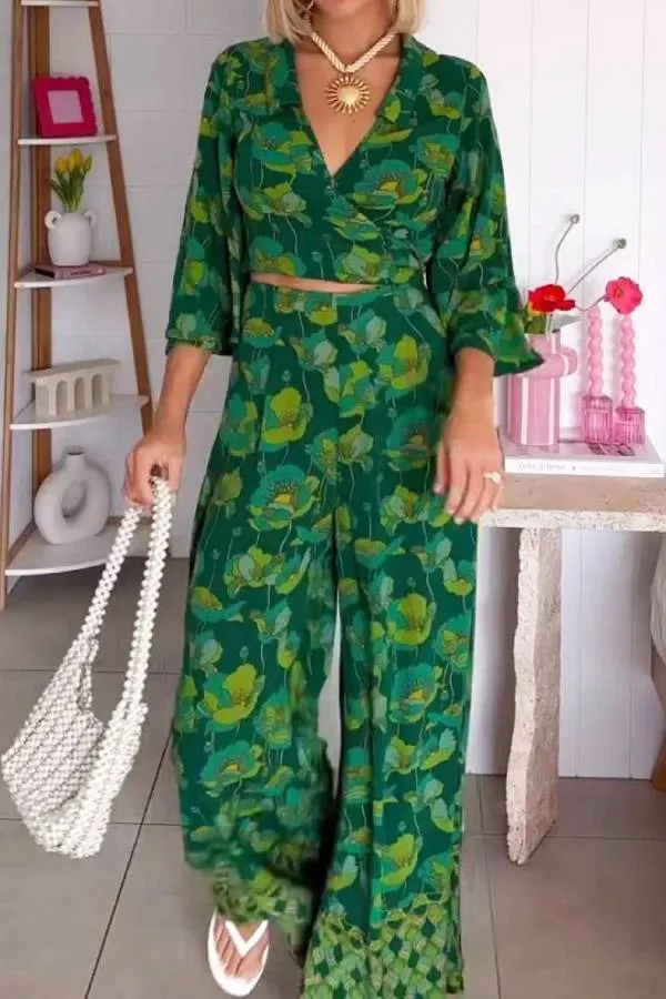 Casual V-Neck Lace-Up Top & Pants Two-Piece Set