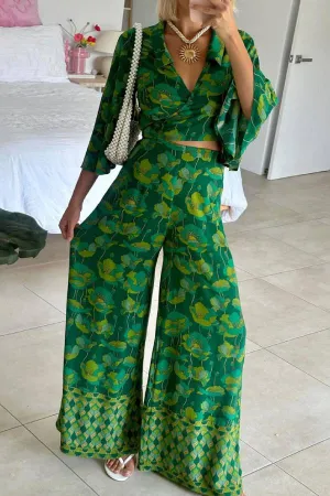Casual V-Neck Lace-Up Top & Pants Two-Piece Set
