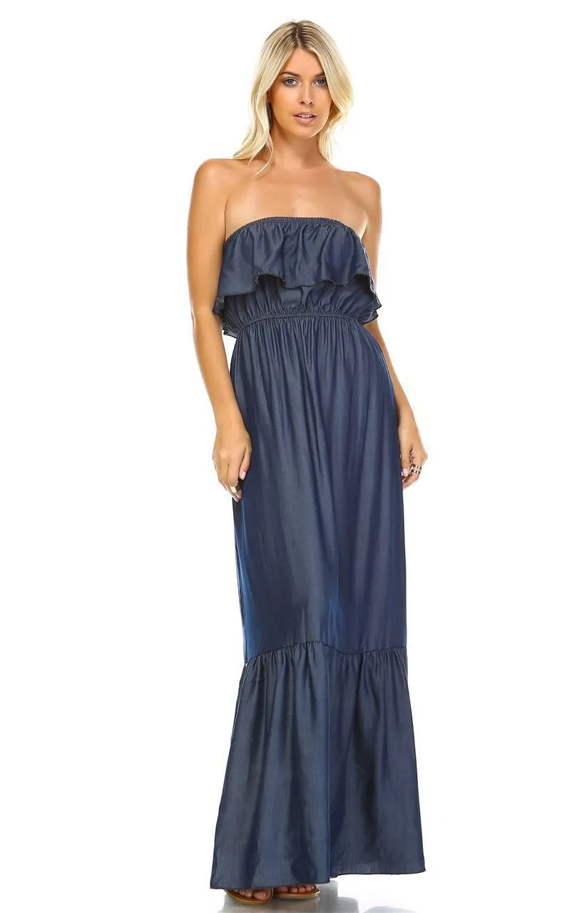 Chambray Ruffled Overlay Tube Maxi Dress Dark Blue Indigo