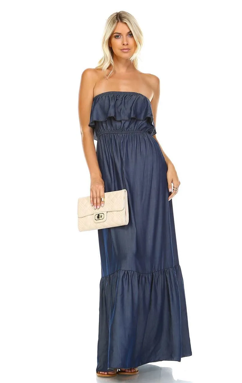 Chambray Ruffled Overlay Tube Maxi Dress Dark Blue Indigo
