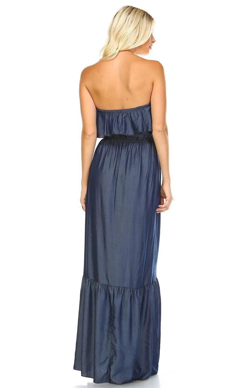 Chambray Ruffled Overlay Tube Maxi Dress Dark Blue Indigo
