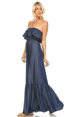 Chambray Ruffled Overlay Tube Maxi Dress Dark Blue Indigo