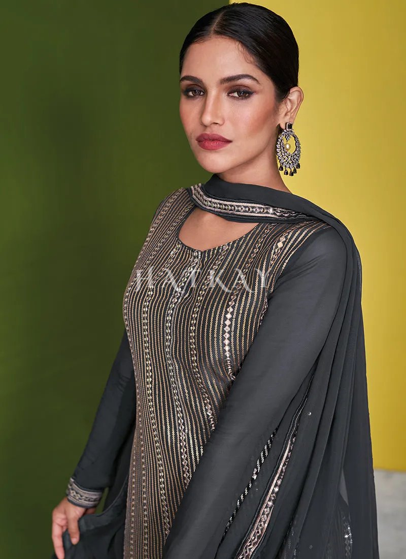 Charcoal Grey Traditional Embroidered Wedding Palazzo Suit