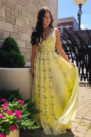 Charming A Line V Neck Spaghetti Straps Sleeveless Long Yellow Tulle Prom Dress With Lace Applique OHC343