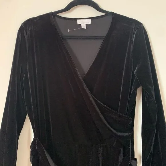 Charter club black velour long sleeved dress, wide front overlap, ties, 10