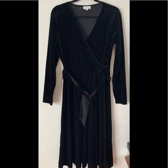 Charter club black velour long sleeved dress, wide front overlap, ties, 10