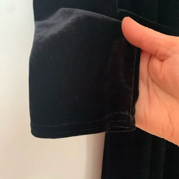 Charter club black velour long sleeved dress, wide front overlap, ties, 10