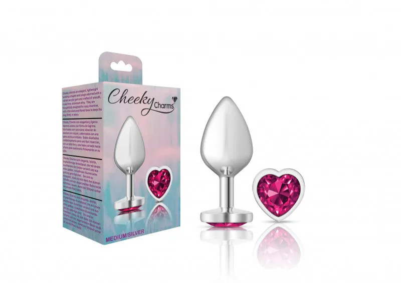 Cheeky Charms - Silver Metal Butt Plug - Heart - Bright Pink - Medium