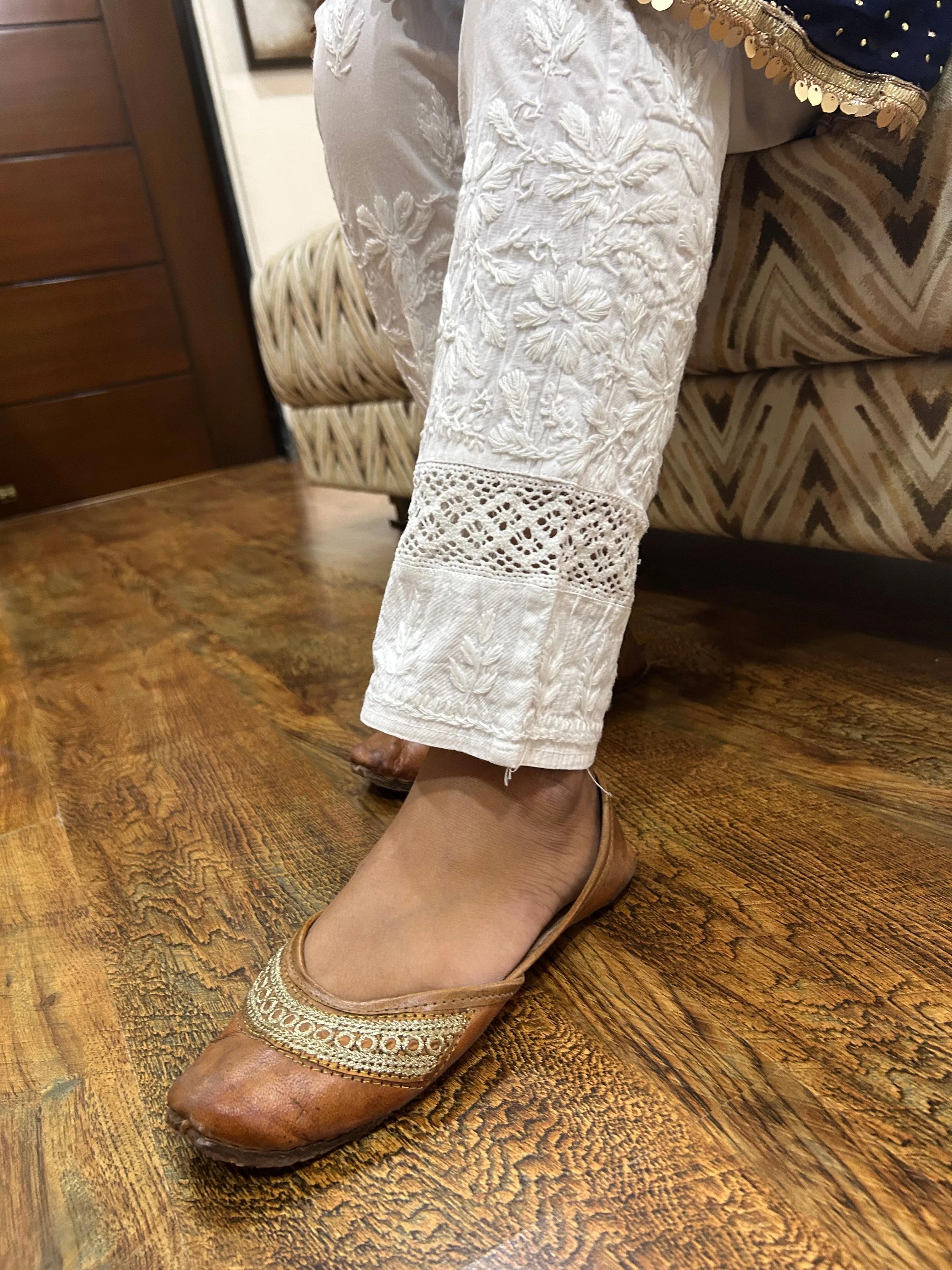 Cigarette Chikankari Pant White Stretchable