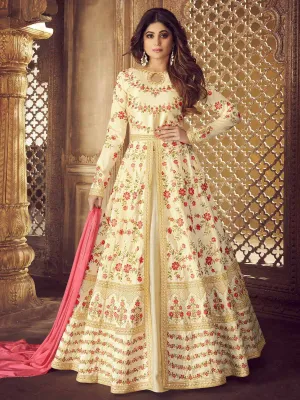 Cream And Pink Traditional Anarkali Lehenga Suit
