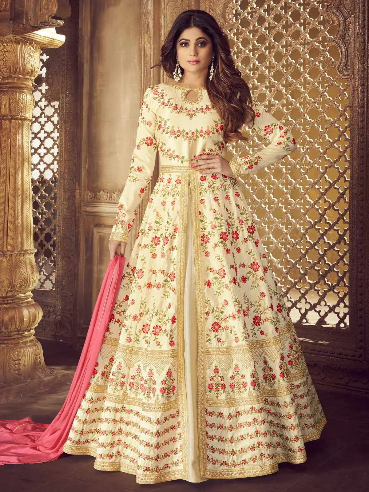 Cream And Pink Traditional Anarkali Lehenga Suit