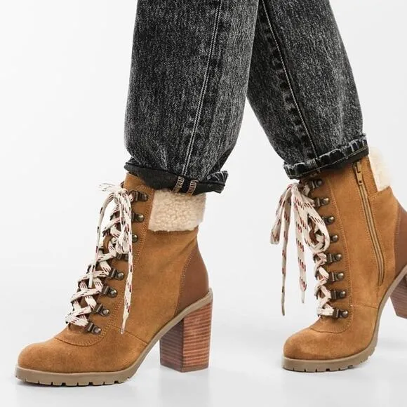 Crevo Footwear Joan Leather Sherpa Lace Up Ankle Boot 7 NWT