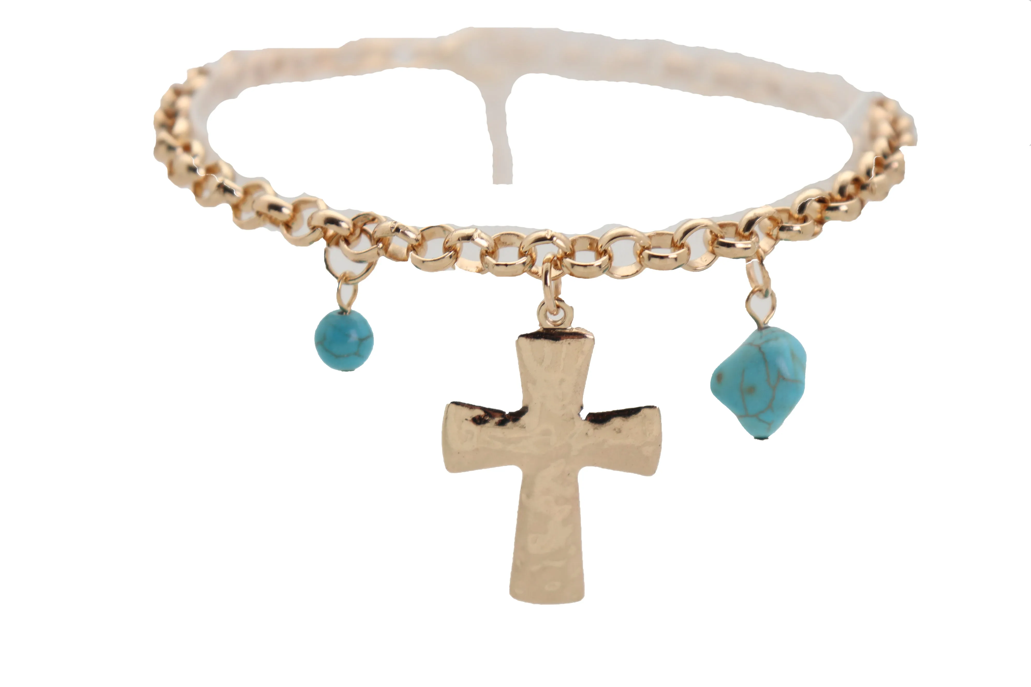 Cross & Turquoise Bead Charms Metal Chain Boot Bracelet
