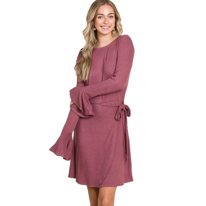Culture Code Olive Green Ruffle Long Sleeve Wrap Tie Dress CHD1390L