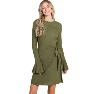 Culture Code Olive Green Ruffle Long Sleeve Wrap Tie Dress CHD1390L