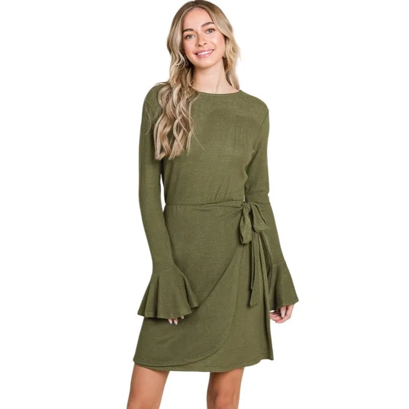 Culture Code Olive Green Ruffle Long Sleeve Wrap Tie Dress CHD1390L