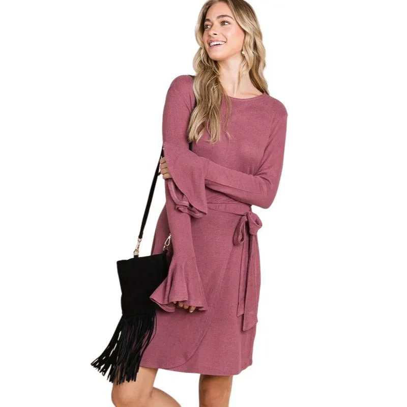 Culture Code Olive Green Ruffle Long Sleeve Wrap Tie Dress CHD1390L