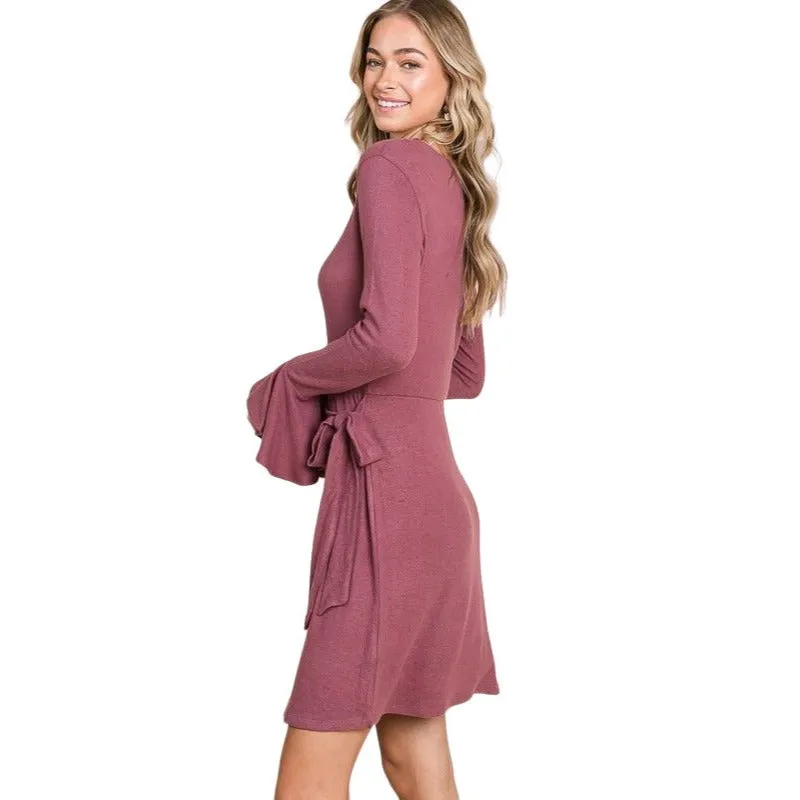Culture Code Olive Green Ruffle Long Sleeve Wrap Tie Dress CHD1390L