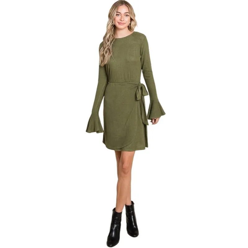 Culture Code Olive Green Ruffle Long Sleeve Wrap Tie Dress CHD1390L