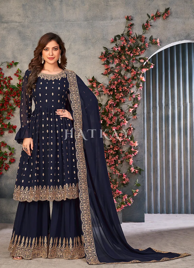 Dark Blue Georgette Sharara Suit