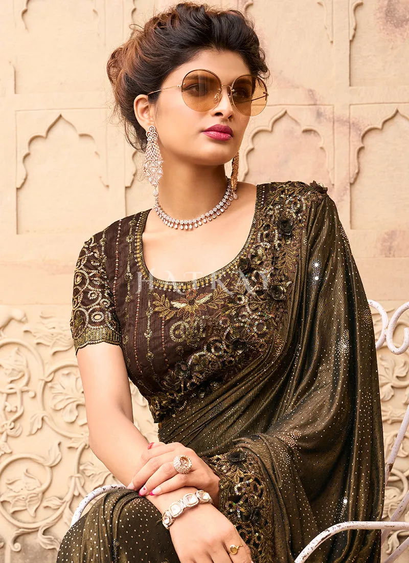 Dark Brown Sequence And Appliqué Embroidery Designer Wedding Saree