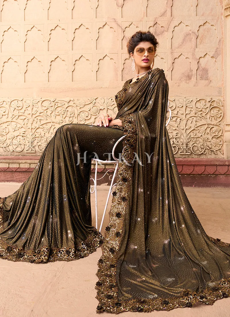 Dark Brown Sequence And Appliqué Embroidery Designer Wedding Saree
