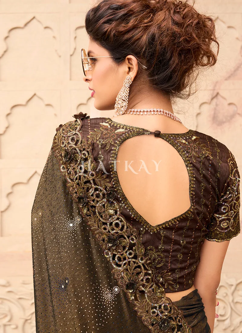Dark Brown Sequence And Appliqué Embroidery Designer Wedding Saree