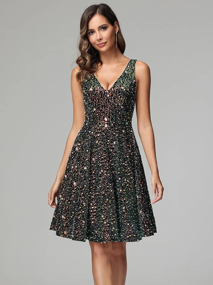 Dark Green A Line V-neck Short Sequins Homecoming Dress