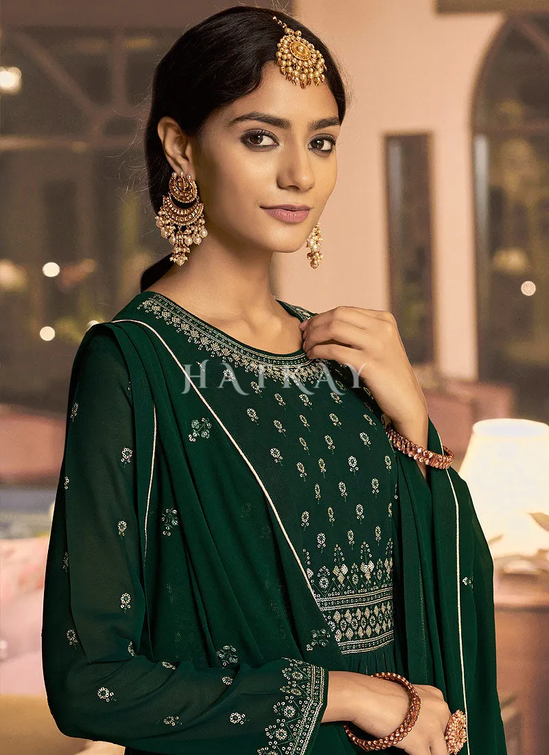 Dark Green Georgette Embroidery High Slit Gharara Suit