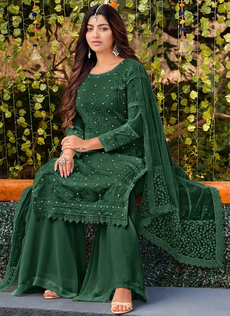 Dark Green Lucknowi Embroidery Festive Palazzo Suit