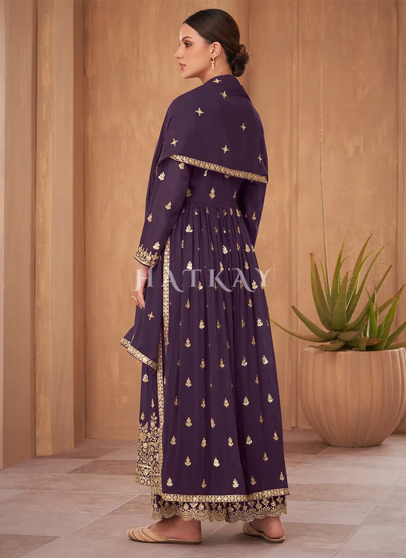 Deep Purple Georgette Embroidered Wedding Palazzo Suit