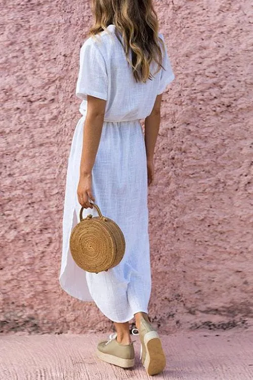 Deep V Buttons Down Long Shirt Dress